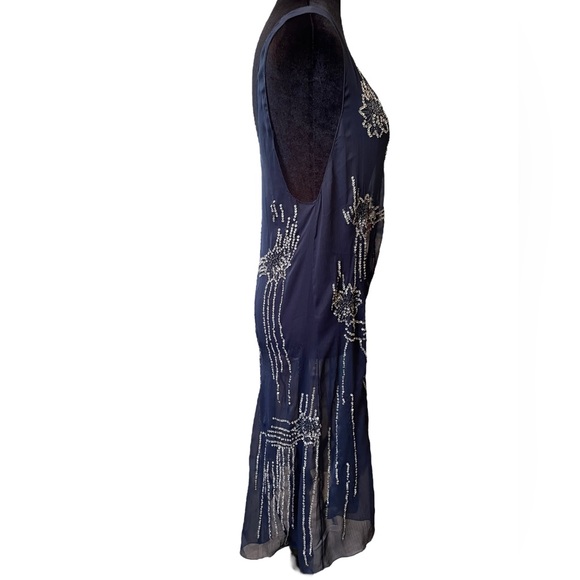 H&M Autumn Collection Blue Silver Sheer Chiffon Beaded Sequin Glam Gatsby Dress - Picture 4 of 8